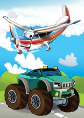 Obraz na płótnie Canvas cartoon scene with happy and funny sports car and plane illustration for children