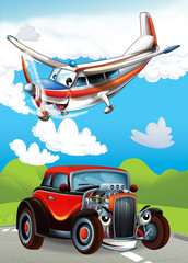 Obraz na płótnie Canvas cartoon scene with happy and funny sports car and plane illustration for children
