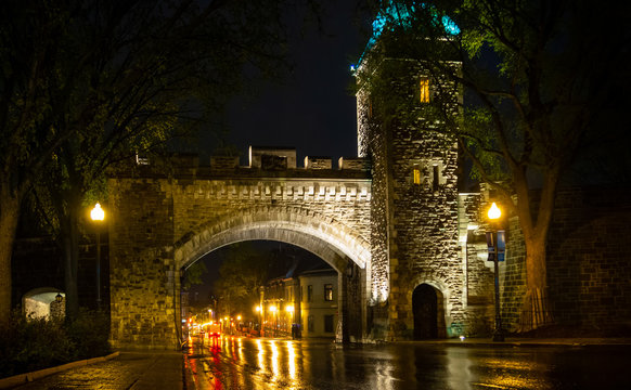 Citadelle of Quebec, the main gate to Old Quebec in a rainy night 