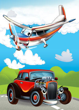 cartoon scene with happy and funny sports car and plane illustration for children