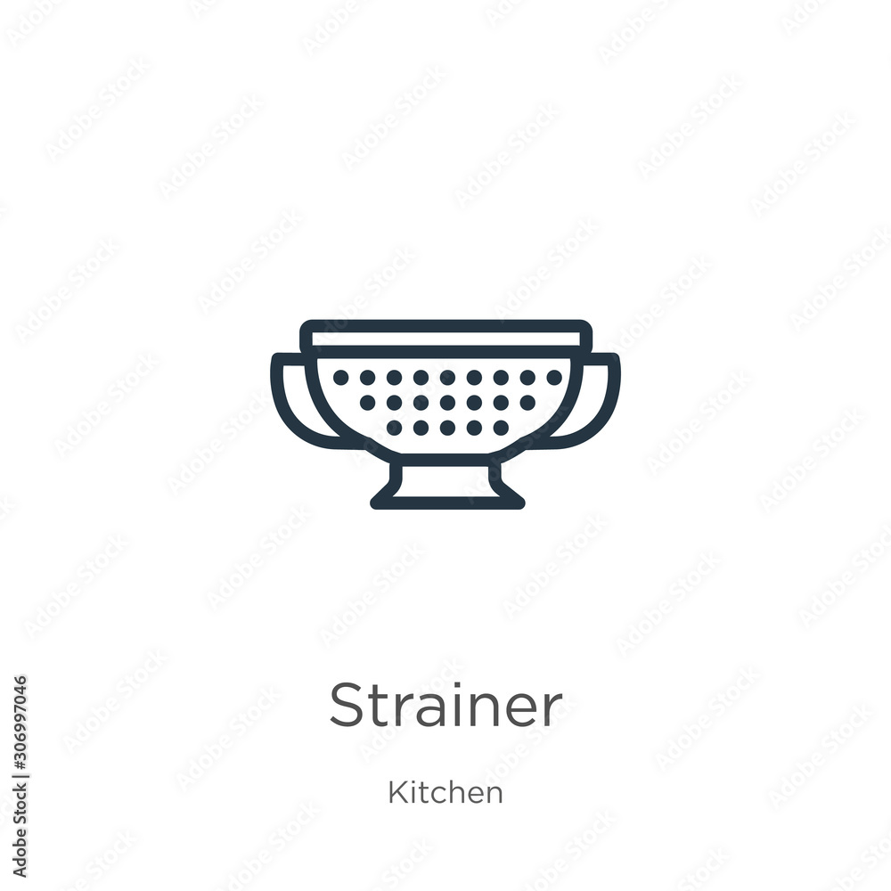 Poster strainer icon. thin linear strainer outline icon isolated on white background from kitchen collectio