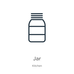 Jar icon. Thin linear jar outline icon isolated on white background from kitchen collection. Line vector jar sign, symbol for web and mobile