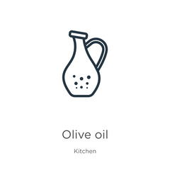 Olive oil icon. Thin linear olive oil outline icon isolated on white background from kitchen collection. Line vector olive oil sign, symbol for web and mobile