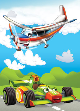 cartoon scene with happy and funny sports car and plane illustration for children