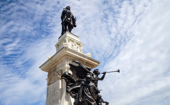Statue of Samuel de Champlain in the beautiful summer day in Old Quebec, Quebec City, Quebec, Canada