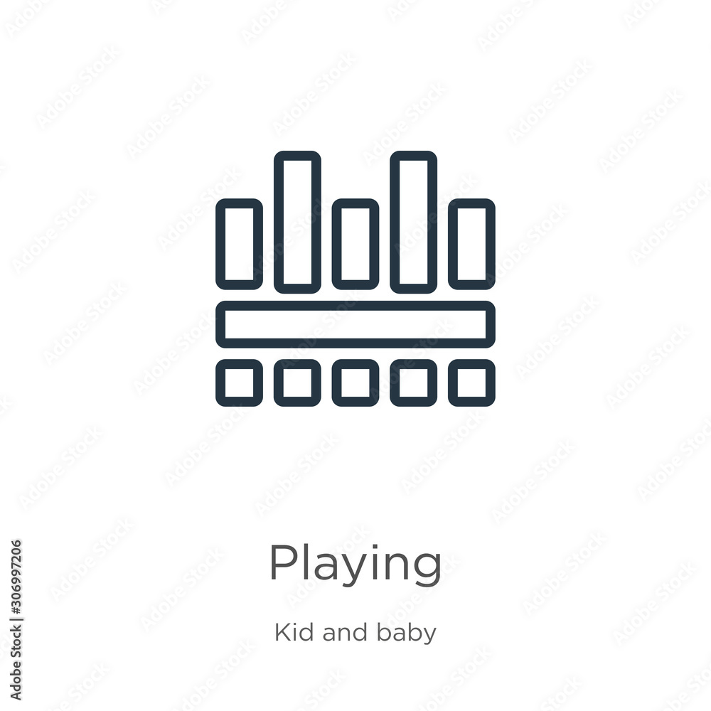 Poster playing icon. thin linear playing outline icon isolated on white background from kids and baby colle