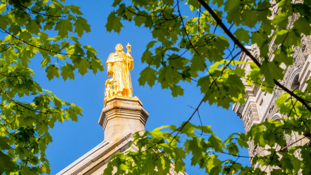 Statue of Saint Roch and his dog at the Saint-Roch Church in Quebec City, Quebec, Canada 