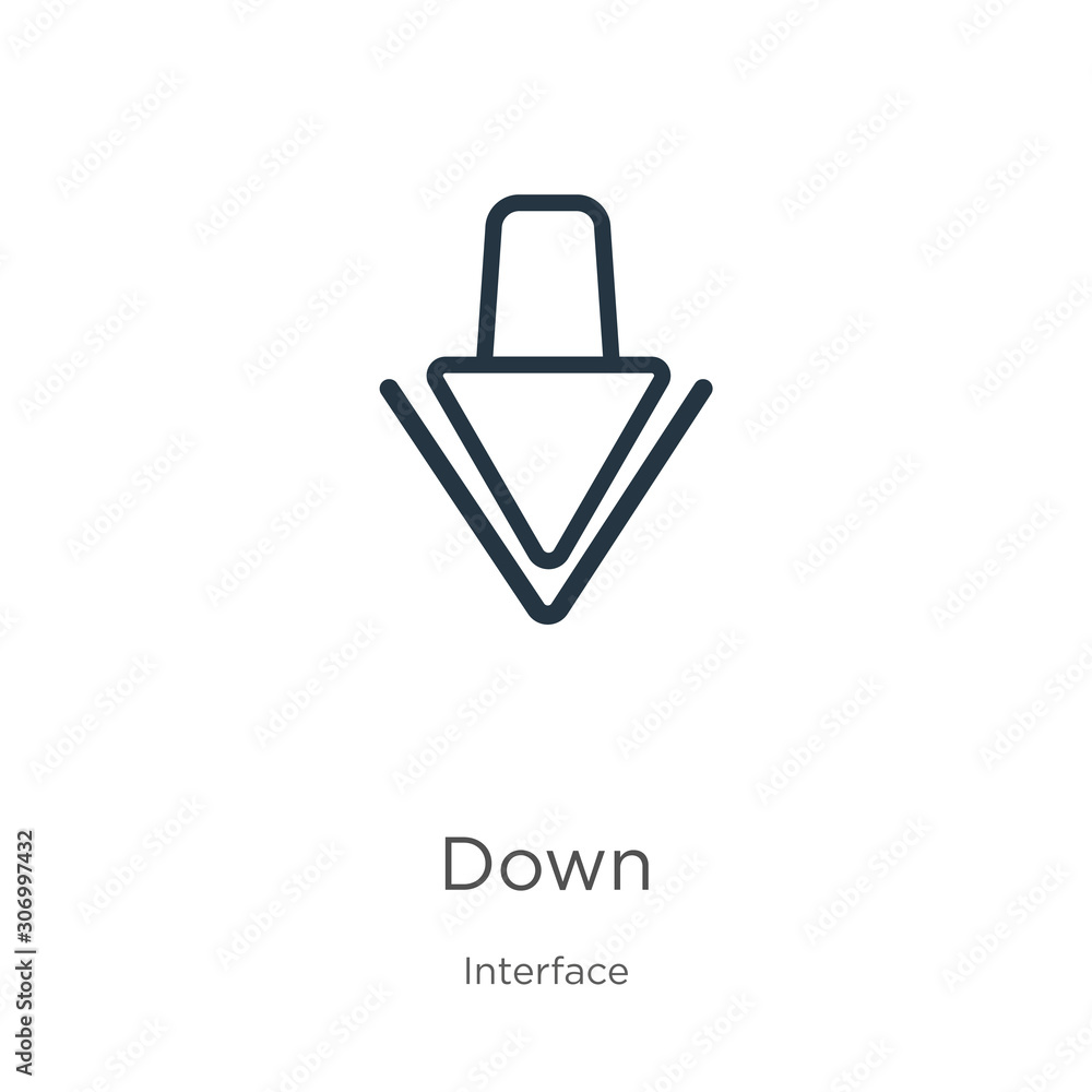 Poster down icon. thin linear down outline icon isolated on white background from interface collection. lin
