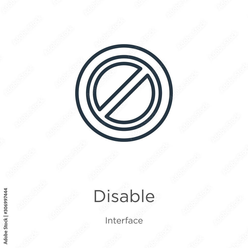 Poster disable icon. thin linear disable outline icon isolated on white background from interface collectio