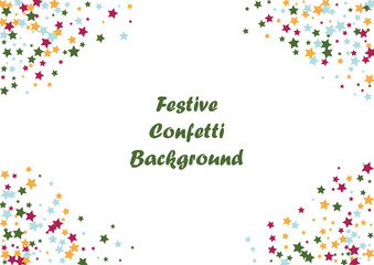 Festive color star confetti background. Abstract frame confetti texture for holiday, postcard, poster, website, carnivals, birthday and children's parties. Cover confetti mock-up. Wedding star layout