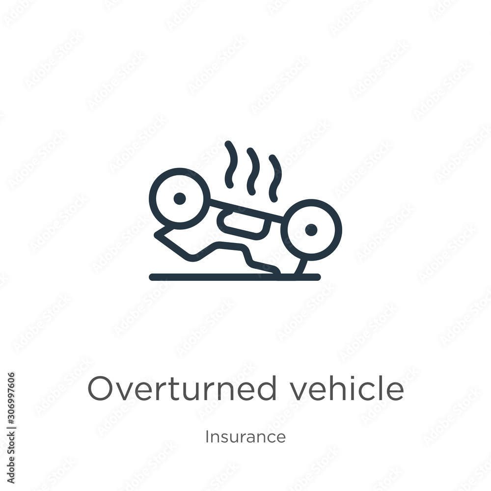 Poster overturned vehicle icon. thin linear overturned vehicle outline icon isolated on white background fr