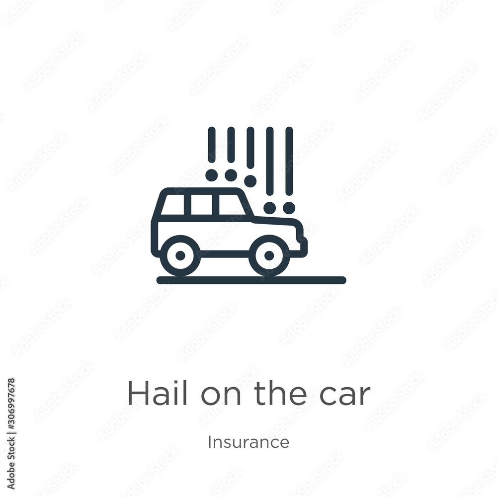 Poster hail on the car icon. thin linear hail on the car outline icon isolated on white background from ins