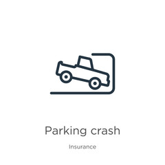 Parking crash icon. Thin linear parking crash outline icon isolated on white background from insurance collection. Line vector parking crash sign, symbol for web and mobile