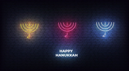 Menorah neon sign set. Glowing decorations for Jewish holiday Hanukkah