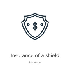 Insurance of a shield with dollar sign icon. Thin linear insurance of a shield with dollar sign outline icon isolated on white background from insurance collection. Line vector insurance of a shield