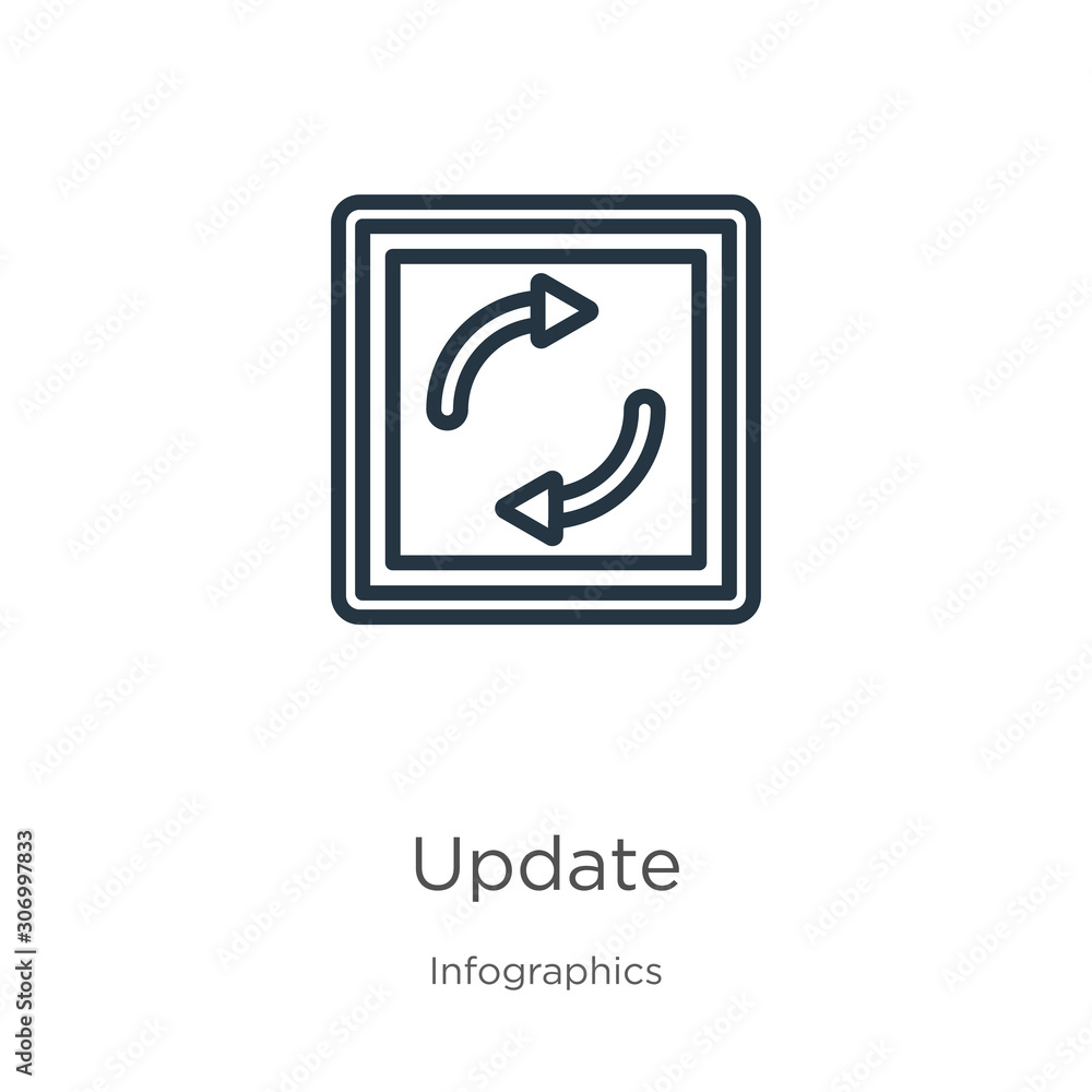 Poster update icon. thin linear update outline icon isolated on white background from infographics collecti