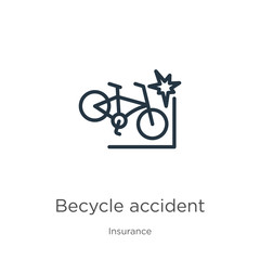 Becycle accident icon. Thin linear becycle accident outline icon isolated on white background from insurance collection. Line vector becycle accident sign, symbol for web and mobile