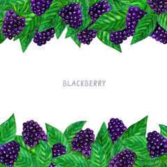 Blackberry watercolor frame. Fresh berries and leaf of the plant. Card, invitation template.