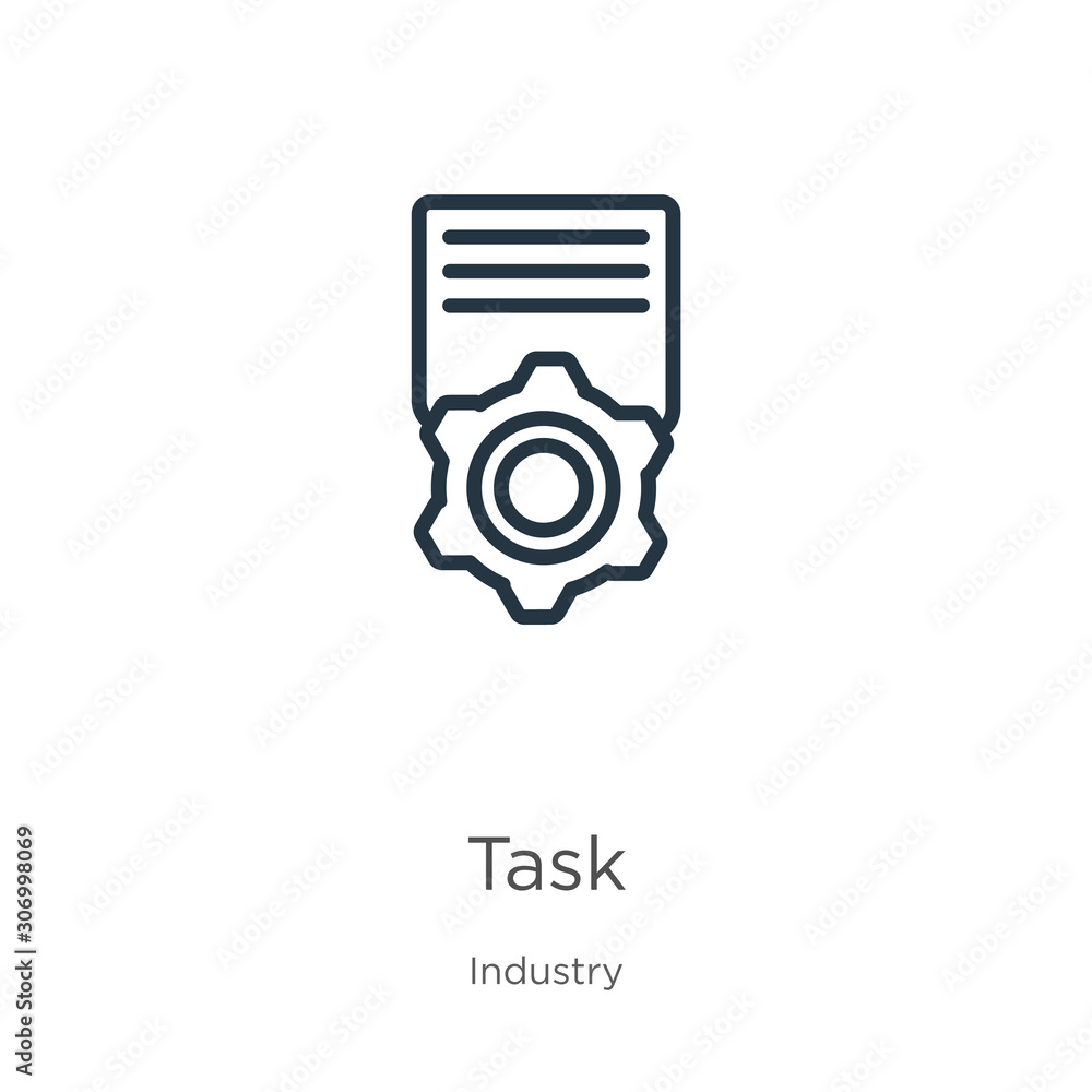 Poster task icon. thin linear task outline icon isolated on white background from industry collection. line
