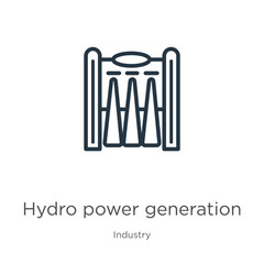Hydro power generation icon. Thin linear hydro power generation outline icon isolated on white background from industry collection. Line vector hydro power generation sign, symbol for web and mobile