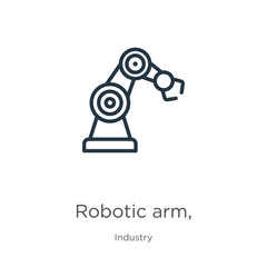Robotic arm, icon. Thin linear robotic arm, outline icon isolated on white background from industry collection. Line vector robotic arm, sign, symbol for web and mobile