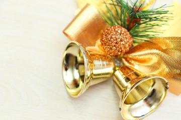 Merry christmas and a happy new year! Bright holiday decorations close-up. Plastic bells and pine...