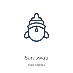 Saraswati icon. Thin linear saraswati outline icon isolated on white background from india collection. Line vector saraswati sign, symbol for web and mobile