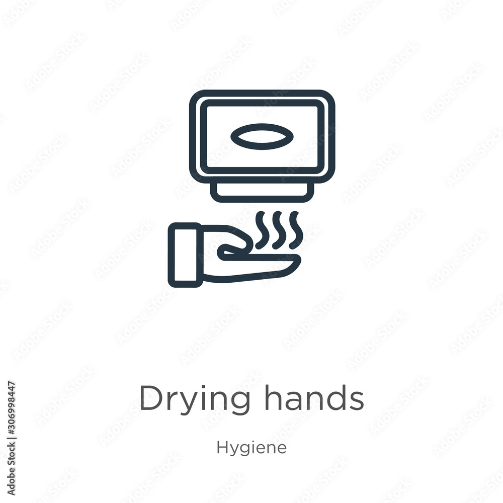 Poster drying hands icon. thin linear drying hands outline icon isolated on white background from hygiene c