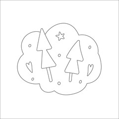 Christmas fir, evergreen trees. Simple line art drawing, vector isolated illustration, christmas and new year symbol, black and white outline doodle.