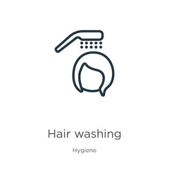 Hair washing icon. Thin linear hair washing outline icon isolated on white background from hygiene collection. Line vector hair washing sign, symbol for web and mobile