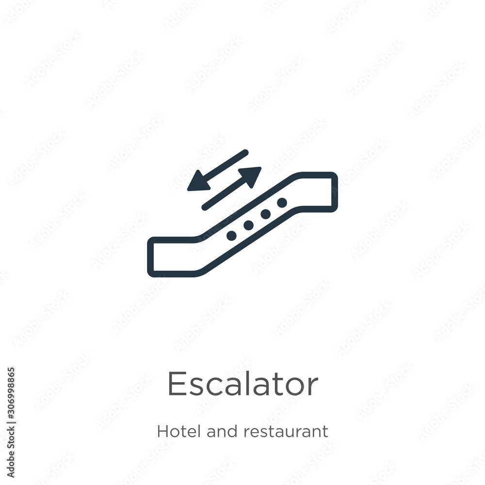 Poster escalator icon. thin linear escalator outline icon isolated on white background from accommodation c