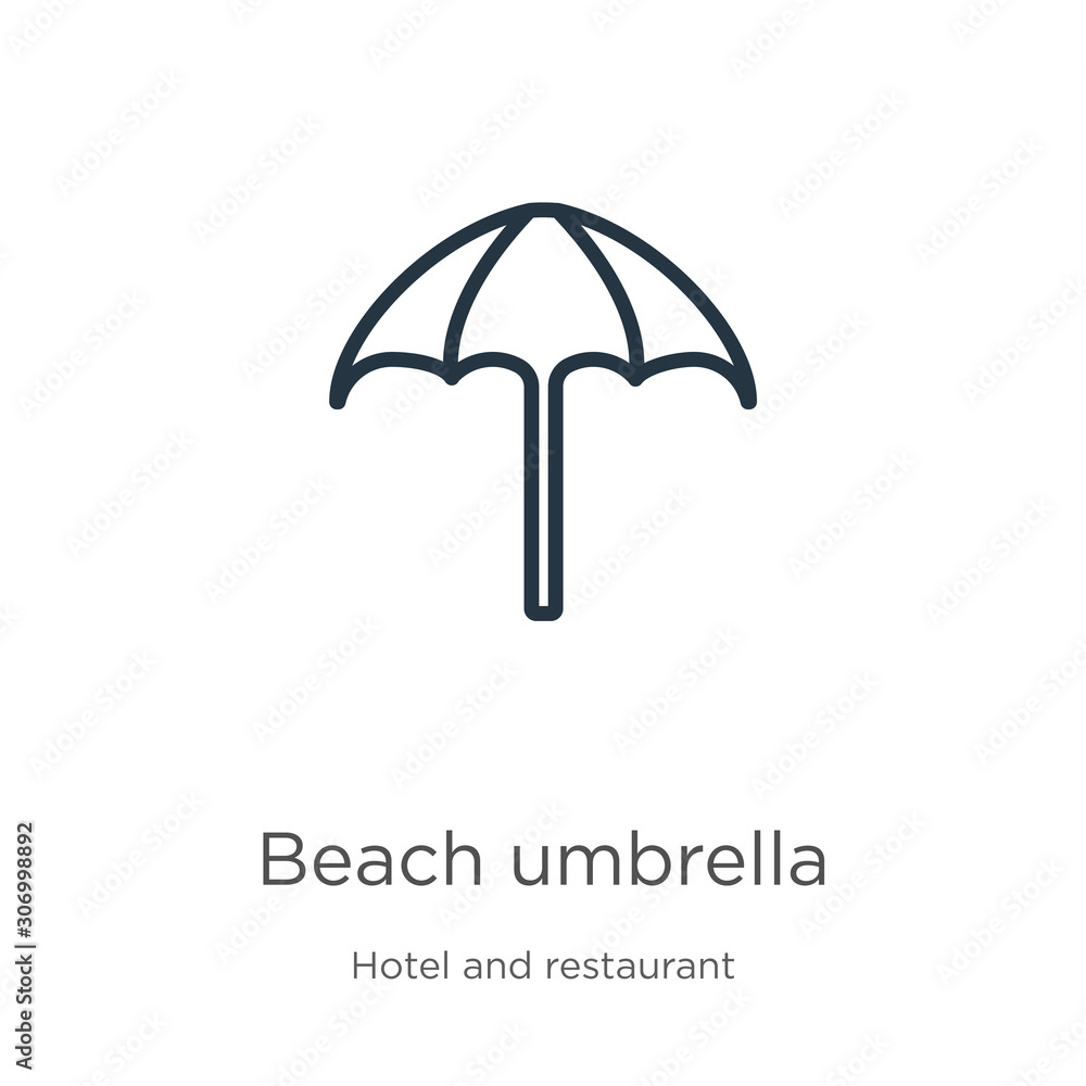 Poster beach umbrella icon. thin linear beach umbrella outline icon isolated on white background from accom