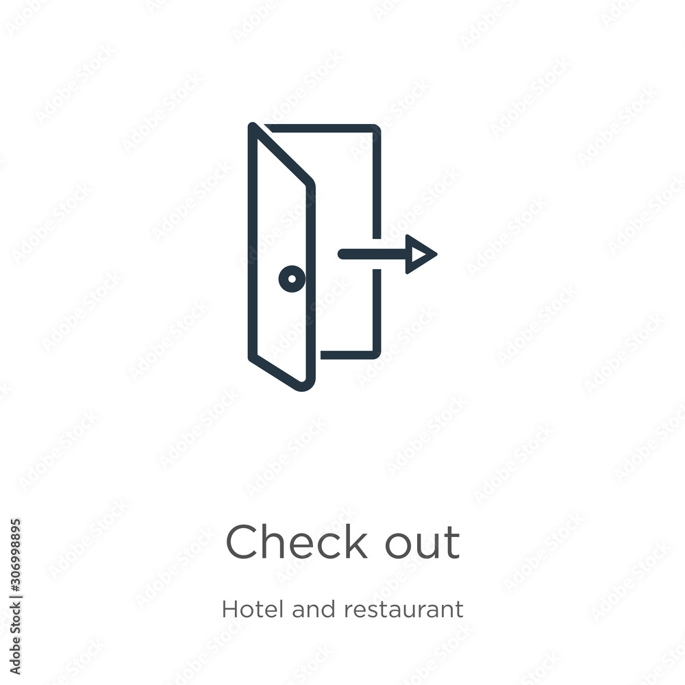 Poster check out icon. thin linear check out outline icon isolated on white background from accommodation c
