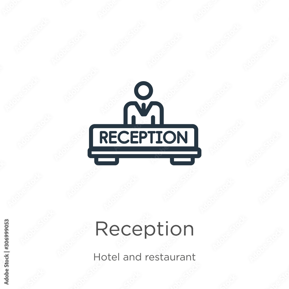 Poster reception icon. thin linear reception outline icon isolated on white background from hotel collectio