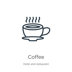 Coffee icon. Thin linear coffee outline icon isolated on white background from hotel collection. Line vector coffee sign, symbol for web and mobile