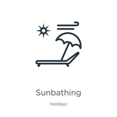 Sunbathing icon. Thin linear sunbathing outline icon isolated on white background from holidays collection. Line vector sunbathing sign, symbol for web and mobile