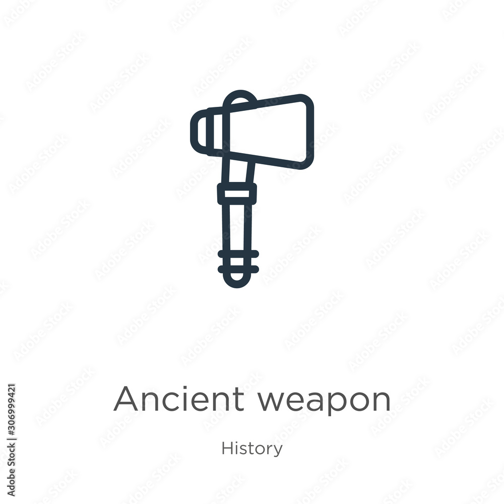 Poster ancient weapon icon. thin linear ancient weapon outline icon isolated on white background from histo