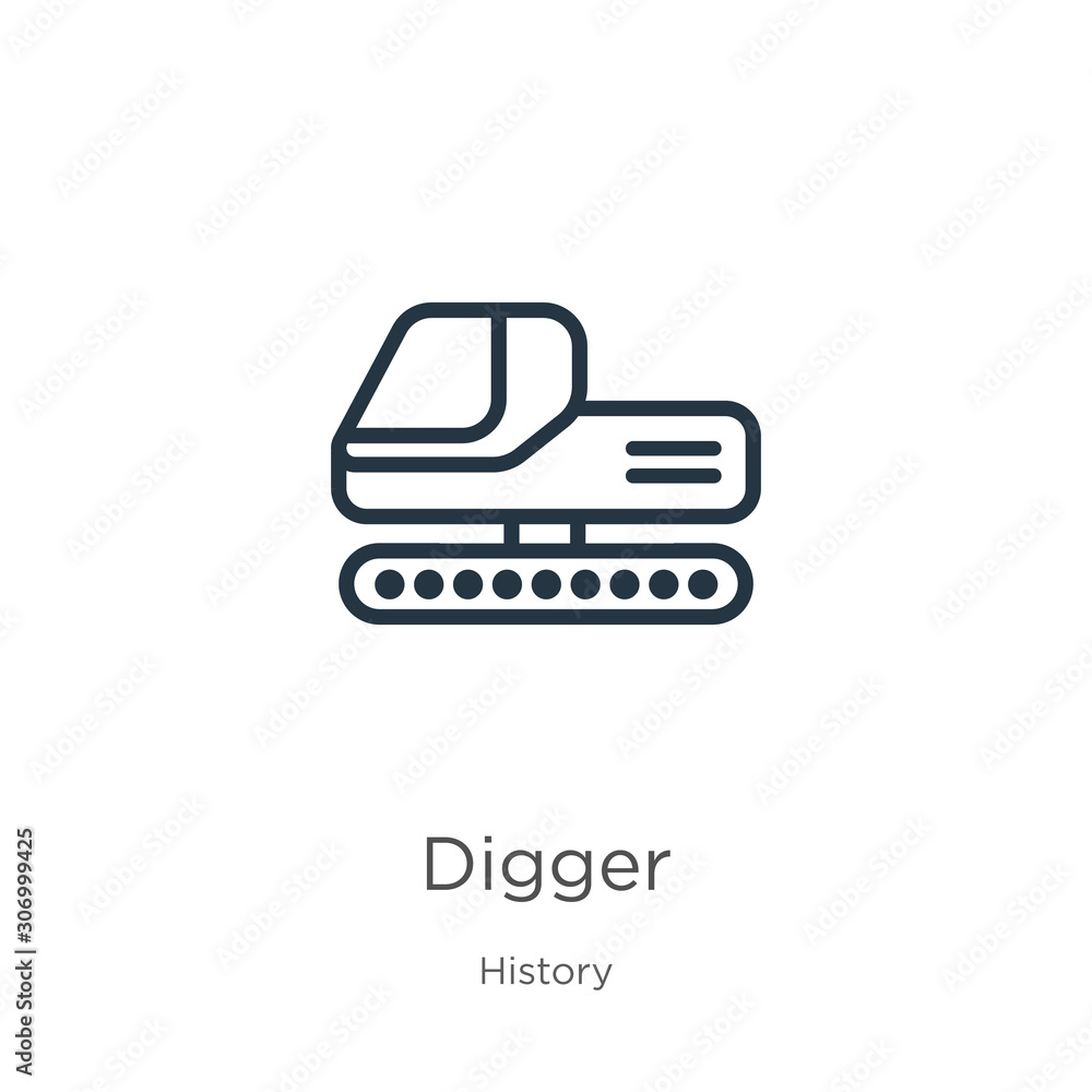 Poster digger icon. thin linear digger outline icon isolated on white background from history collection. l