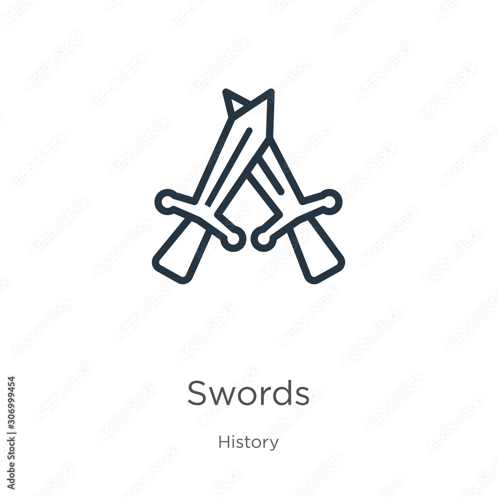 Poster swords icon. thin linear swords outline icon isolated on white background from history collection. l