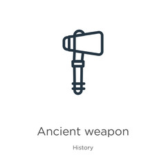 Ancient weapon icon. Thin linear ancient weapon outline icon isolated on white background from history collection. Line vector ancient weapon sign, symbol for web and mobile