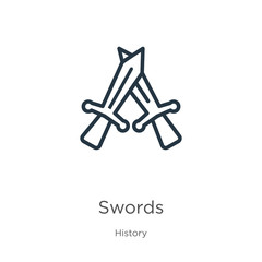 Swords icon. Thin linear swords outline icon isolated on white background from history collection. Line vector swords sign, symbol for web and mobile
