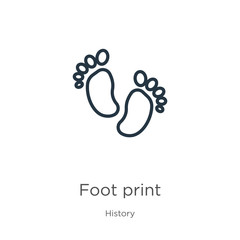 Foot print icon. Thin linear foot print outline icon isolated on white background from history collection. Line vector foot print sign, symbol for web and mobile