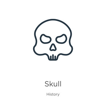 Skull icon. Thin linear skull outline icon isolated on white background from history collection. Line vector skull sign, symbol for web and mobile
