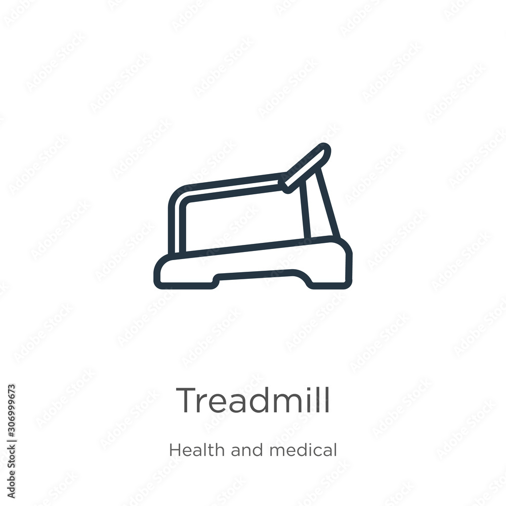 Poster treadmill icon. thin linear treadmill outline icon isolated on white background from health collecti