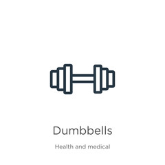 Dumbbells icon. Thin linear dumbbells outline icon isolated on white background from health collection. Line vector dumbbells sign, symbol for web and mobile