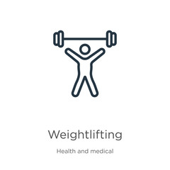 Weightlifting icon. Thin linear weightlifting outline icon isolated on white background from health collection. Line vector weightlifting sign, symbol for web and mobile