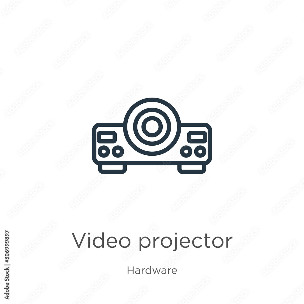 Poster video projector icon. thin linear video projector outline icon isolated on white background from har