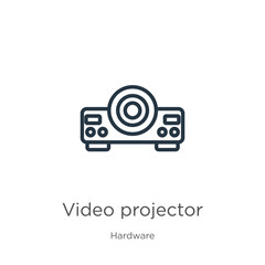Video projector icon. Thin linear video projector outline icon isolated on white background from hardware collection. Line vector video projector sign, symbol for web and mobile
