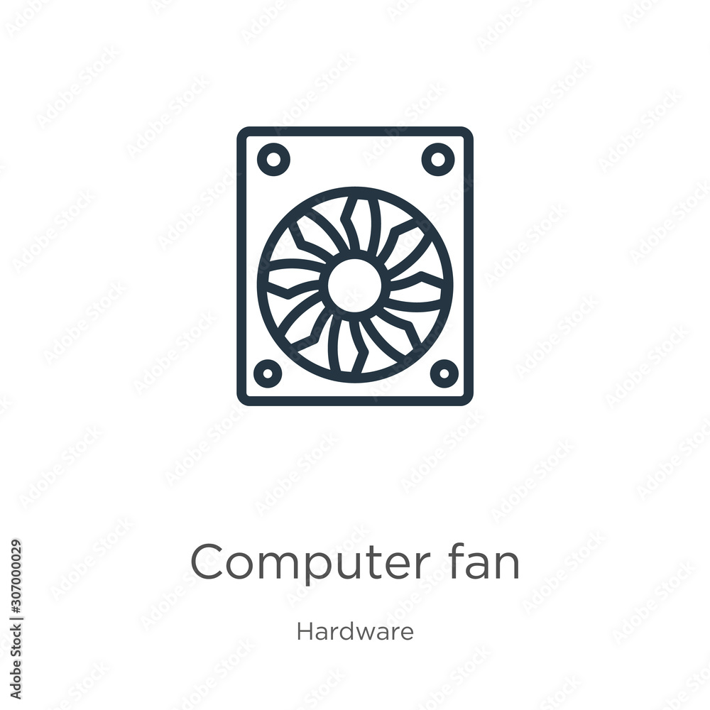 Poster computer fan icon. thin linear computer fan outline icon isolated on white background from hardware 