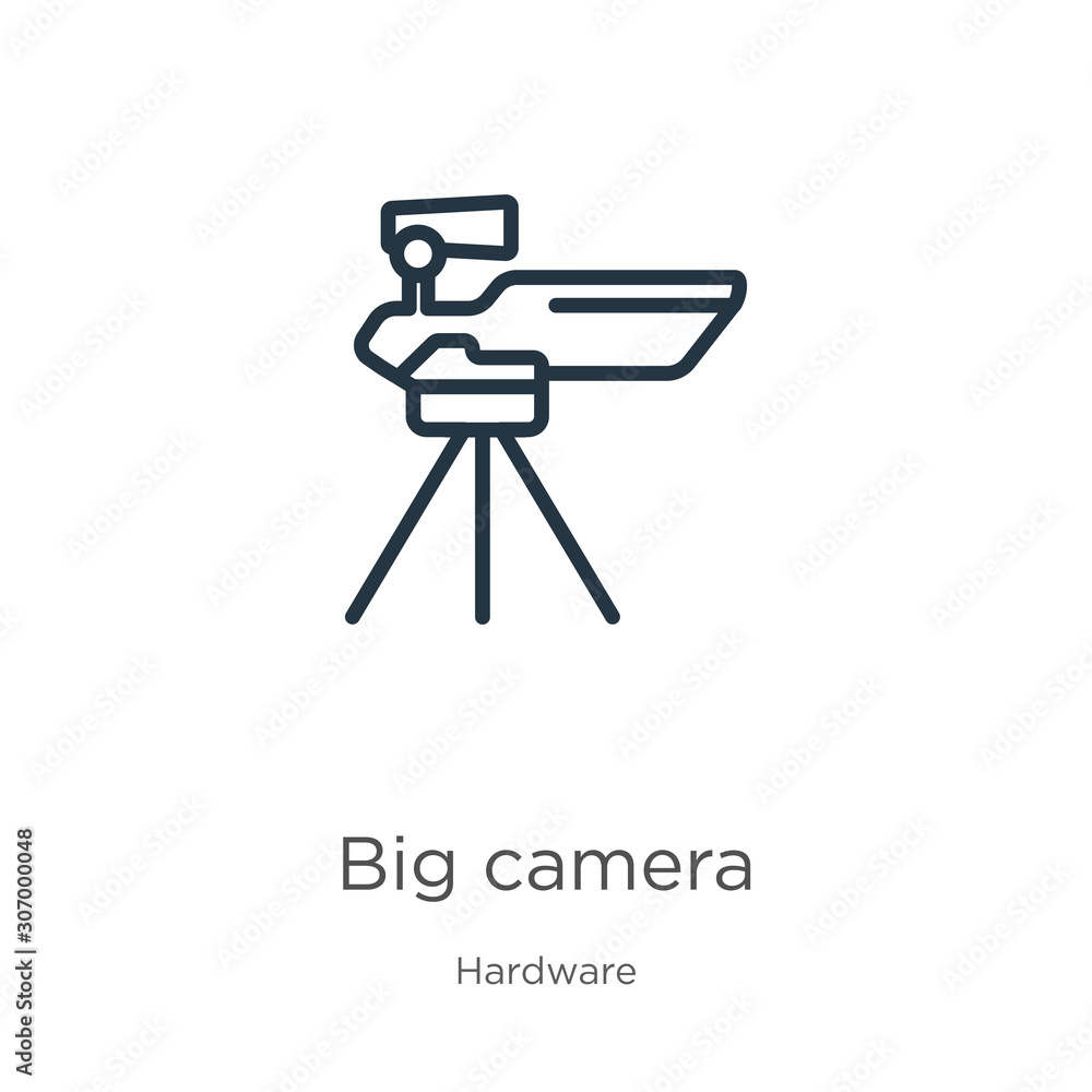 Poster big camera icon. thin linear big camera outline icon isolated on white background from hardware coll